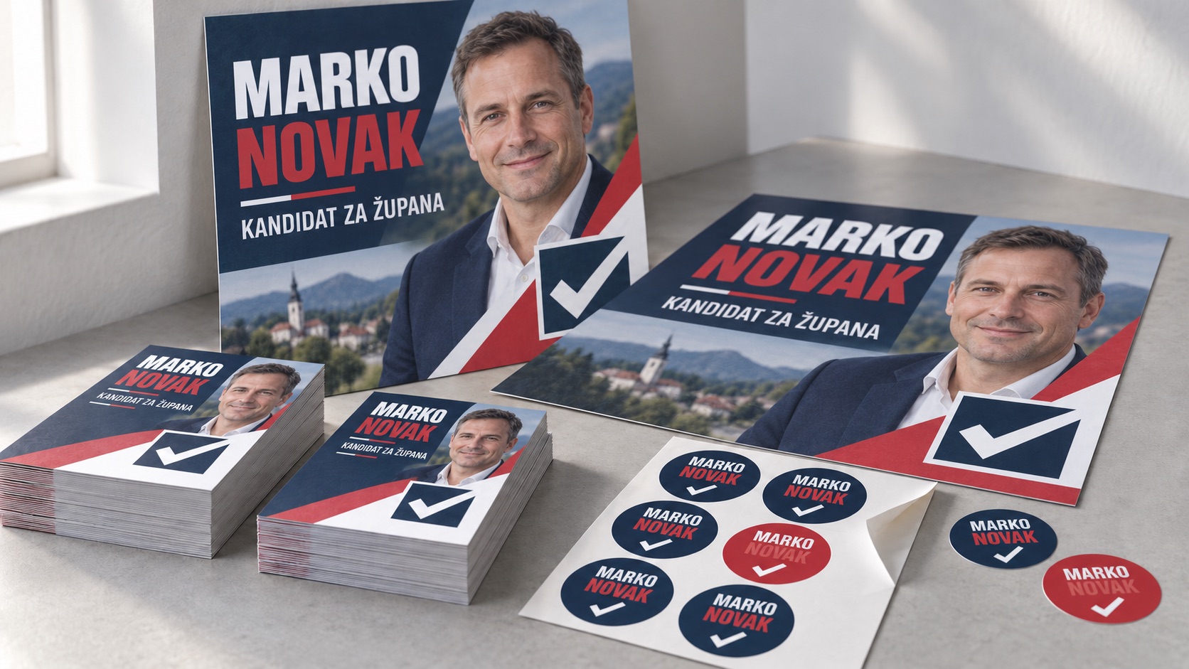 Vzorčni plakati, letaki in stickerji s portretom izmišljenega kandidata Marka Novaka